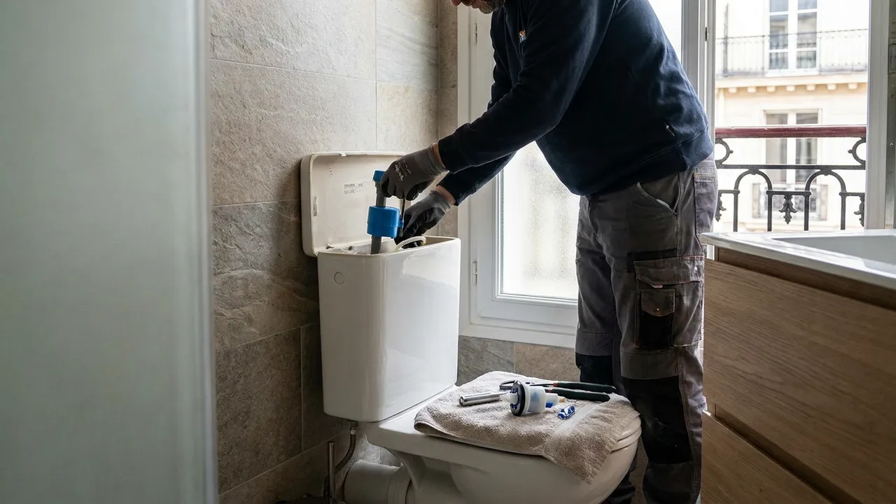 Plombier réglant le mécanisme et le flotteur d’une chasse d’eau dans un appartement de Noisy-le-Grand