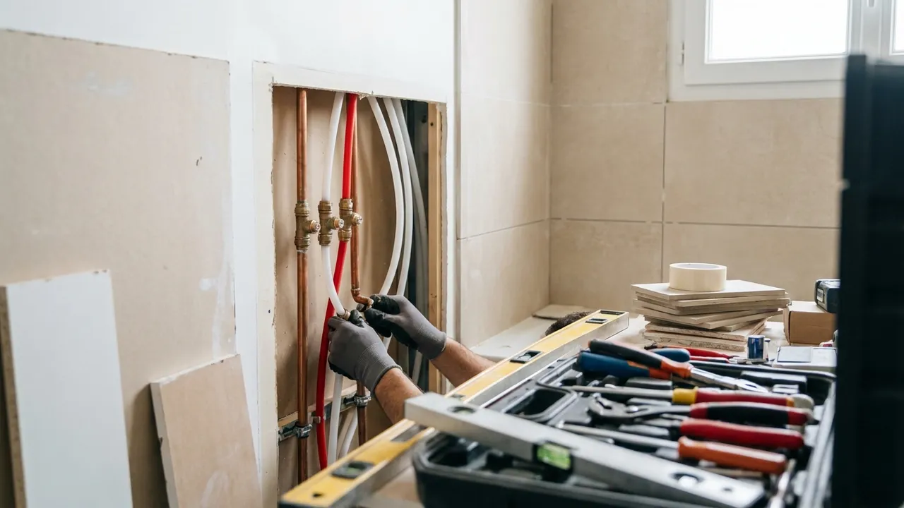Chantier de rénovation de salle de bain avec nouvelles arrivées en multicouche dans un appartement de Noisy-le-Grand
